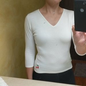 3/4 Sleeve White Sweater with Cherry Detail, NWT